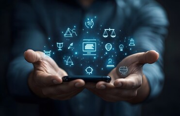 hands holding digital technology-related icons, a conceptual image portraying technological advancements