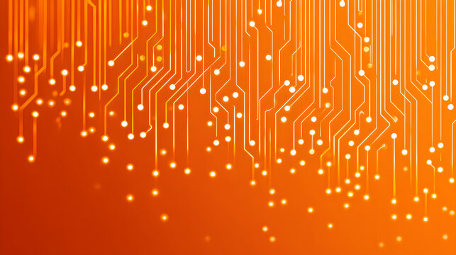Futuristic minimalism orange background with white circuit board line patterns evoking sleek technology aesthetic

