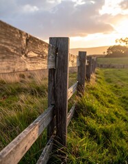 Rustic Wooden Fence in a Grassy Field at Sunset