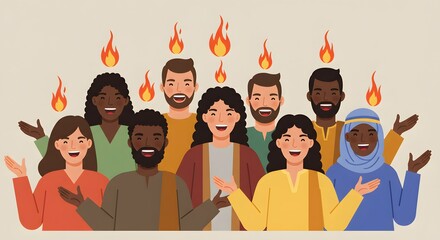 Pentecost Celebration: Diverse Group with Flames Above