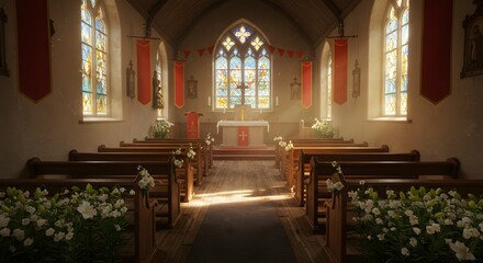 Fototapeta premium Serene Church Interior with Floral Accents and Sunlight