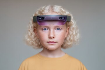Naklejka premium Young girl with curly blonde hair wearing augmented reality glasses expressing curiosity about the future of technology and digital exploration in a minimalist setting