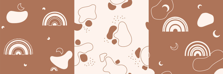 Set of three seamless kid's patterns with rainbows, spots and crescents drawn in Bohemian colors.