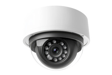 Compact dome shaped white security camera for indoor use isolated on a pure white background