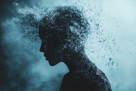 Silhouette of a person losing thoughts visually.