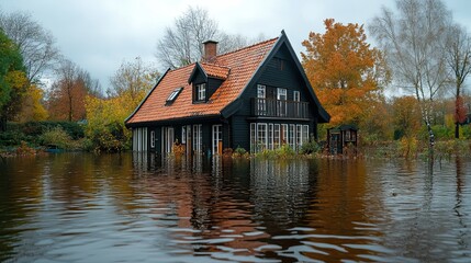 Fototapeta premium A flooded house landscape, symbolizing natural disasters due to climate change.