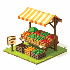 Fototapeta premium Vegetable market stall with fresh produce and compost sign