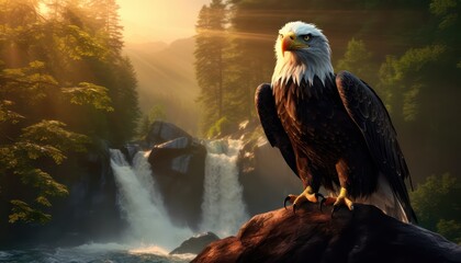 Fototapeta premium Large eagle stands tall on a tree trunk and large rocks, with a backdrop of amazing mountain background on the sunrise view