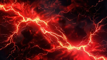 Red lightning strikes dark sky; fiery background, digital art