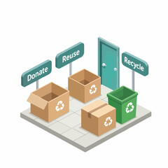 Isometric icon of eco-friendly consumption with donation and recycling bins  