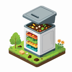 Compost bin with organic waste and plants in eco-friendly environment - Concept of isometric icon sustainable consumption  