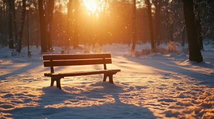 Bench in Winter Park Sunlight Snow