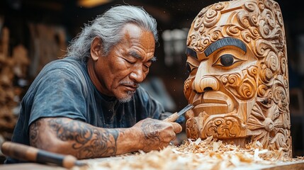 Woodcarver meticulously crafting a large mask.  Detailed work, skillful hands