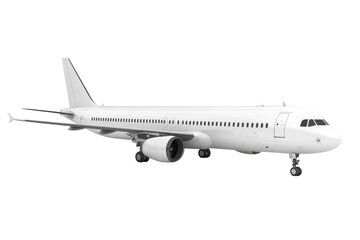Obraz premium White passenger airplane flying in clear sky isolated on white background with transparent PNG image format