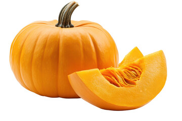 Whole orange pumpkin and fresh cut slice displayed in transparent PNG format on a white background