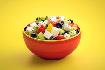 Vibrant salad in a red bowl on a yellow background.