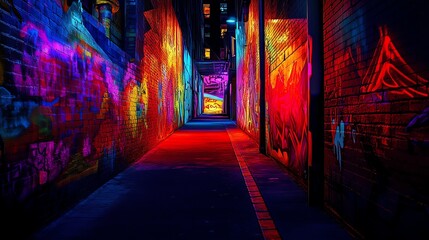 Vibrant urban alleyway adorned with graffiti art.