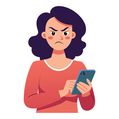 Angry woman online, texting hate comment on mobile phone. Aggressive person with smartphone, chatting in social media, internet conflict. Flat vector illustration isolated on white background 