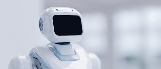 White robot with black screen face in bright room