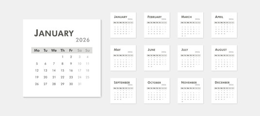 Monthly black and white calendar template for 2026 year. Week starts on Monday. Desk or wall calendar in minimal style