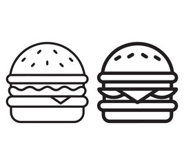 Cheese burger vector icon set,in black outline, solid and colored style,