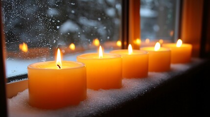 Warm candles on a snowy windowsill, illuminating a winter scene