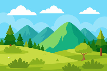 Fototapeta premium Nature landscape with grass trees and bushes in meadow at foot of high mountains vector illustration 