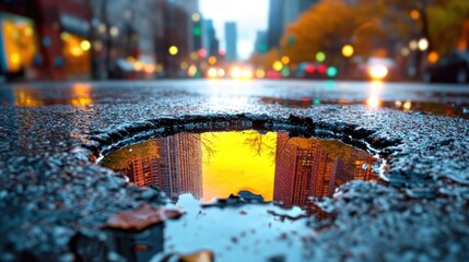 A flipped city captured in the reflection of a streetlight on a rainy evening
