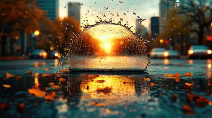 A flipped city captured in the reflection of a streetlight on a rainy evening