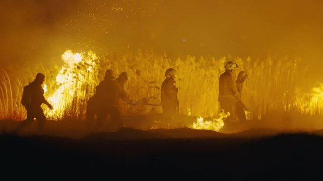 Fireman using water and extinguisher to fighting with bushfire fire flame in an emergency situation