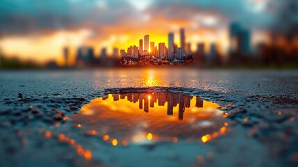 A flipped city reflected in the surface of a puddle, with dramatic cloud formations above