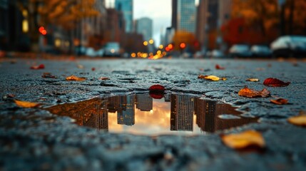 A flipped cityscape seen through the surface of a giant, still puddle in a square