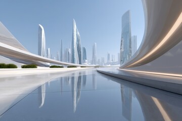 Hyperrealistic photo futuristic city skyline smooth curved buildings reflective water surface clean minimal blue tones futuristic vision, Selective Focus