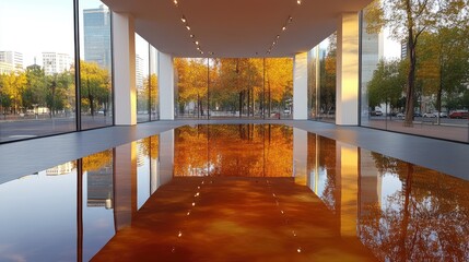 A flipped skyline, mirrored in a glossy black surface of a modern art installation