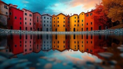 A flipped town reflected in the water of a glassy river, creating a dreamlike effect