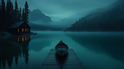 Fototapeta premium Tranquil cabin lake scene at dusk