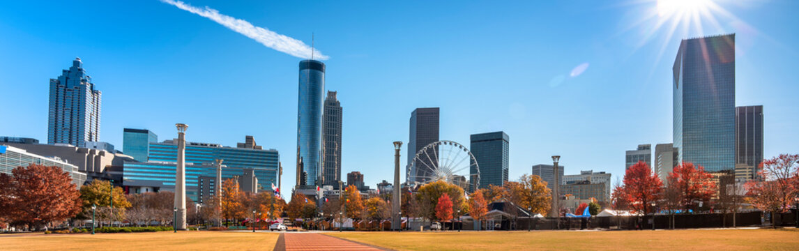 Atlanta Georgia downtown city skyline over Centennial Park panorama