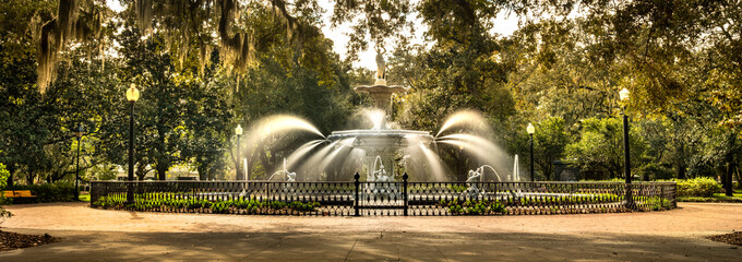 Savannah, Georgia fountain at Forsyth Park panorama