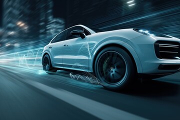 Obraz premium Luxury SUV Driving Through City at Night with Motion Blur and Blue Digital Particles