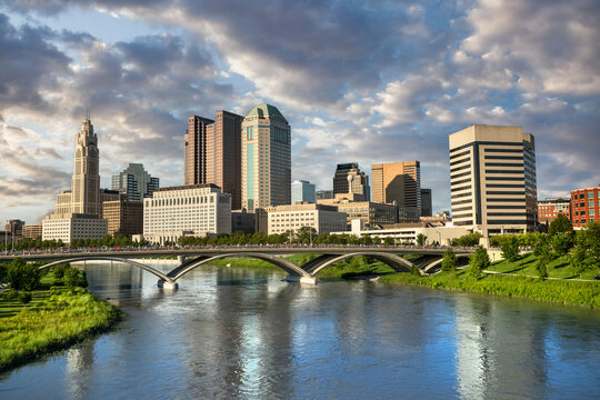 Columbus Ohio downtown city skyline view over the Scioto River USA