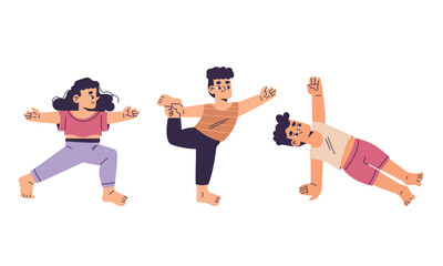 Kids yoga, modern flat style Explore our Dynamic Movement Poses Collection, ideal for engaging in various diverse activities yoga, vector illustration
