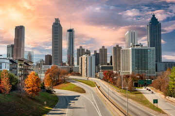 Atlanta Georgia downtown city skyline view over the freeway USA