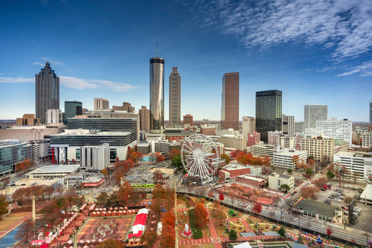 Atlanta Georgia downtown city skyline over Centennial Olympic Park