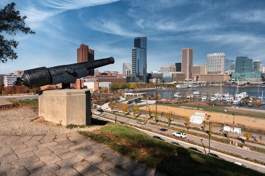 Baltimore Maryland historic cannon in Federal Hill Park view USA