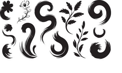 A collection of decorative brush strokes, flowers, and leaves in a simple, elegant style on white background