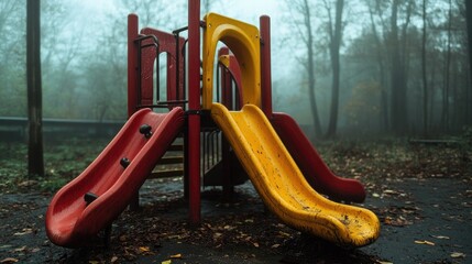 A foggy, abandoned playground with climbing frames veiled by mist.
