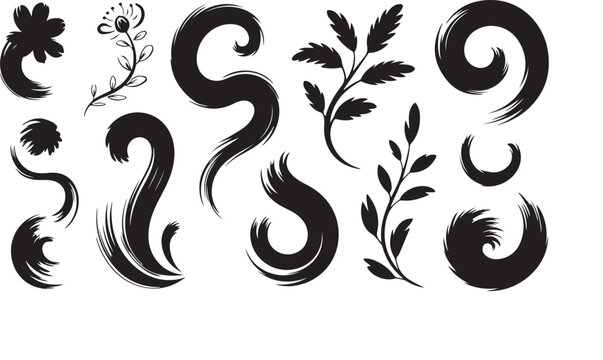 A collection of decorative brush strokes, flowers, and leaves in a simple, elegant style on white background