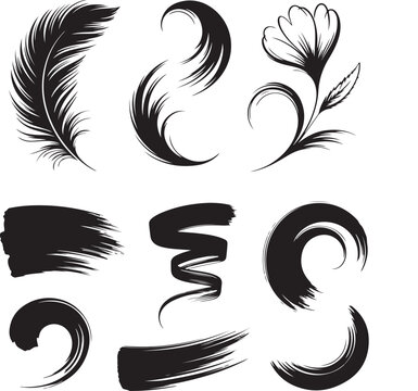 A collection of nine stylized vector elements, including feathers, floral swirls, and paint strokes on white