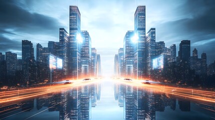 Fototapeta premium Symmetrical city with futuristic skyscrapers flying cars and glowing holograms separated by a glowing light veil in a sci-fi world