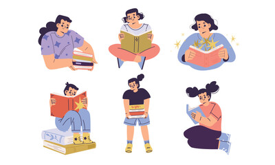 Various unique individuals who are actively engaged in enjoyable reading activities